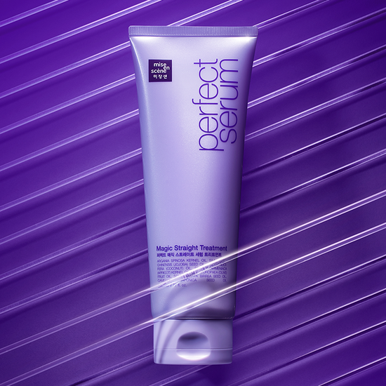 A tube of Mise-en-scene Perfect Magic Straight Serum Treatment with purple and white labeling.