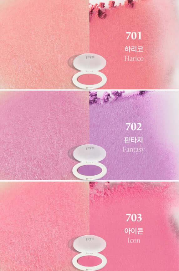 Laka Love Silk Blush shades: Harico, Fantasy, Icon showcasing warm pink and purple hues with fine pearls for radiant complexion.