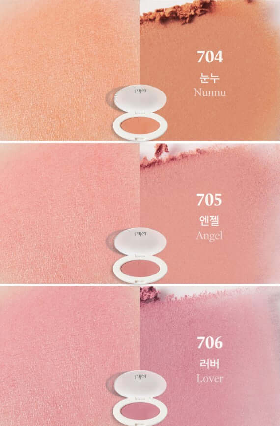 Laka Love Silk Blush shades 704 Nunnu, 705 Angel, and 706 Lover, showcasing fine pearl textures and luminous colors.