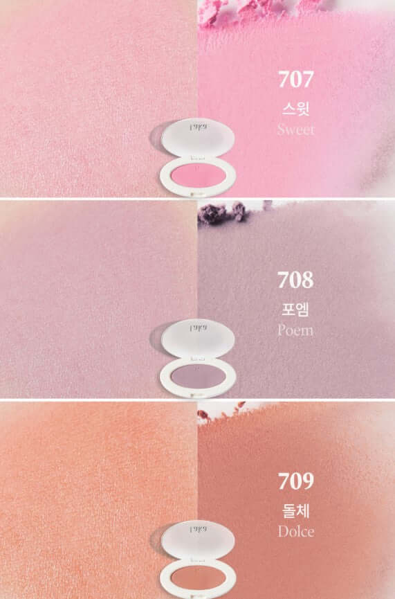 Laka Love Silk Blush shades: Sweet, Poem, and Dolce showcasing warm pink to purple hues and fine pearl reflection.