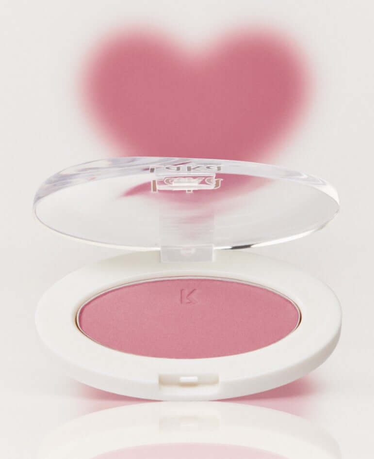Laka Love Silk Blush in warm pink shade, featuring a sleek open compact & light-reflecting pearls for a radiant finish.