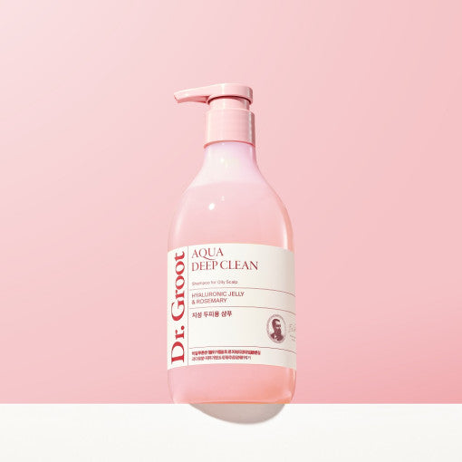 A pink pump bottle of Dr.Groot Aqua Deep Clean Shampoo for Oily Scalp, 330ml.