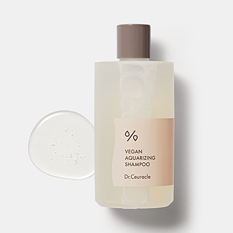 Dr. Ceuracle Vegan Aquarizing Shampoo bottle; hydrating vegan formula for dry, damaged hair and sensitive scalps