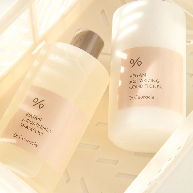 Dr. Ceuracle Vegan Aquarizing Shampoo bottle; hydrating vegan formula for dry, damaged hair and sensitive scalps