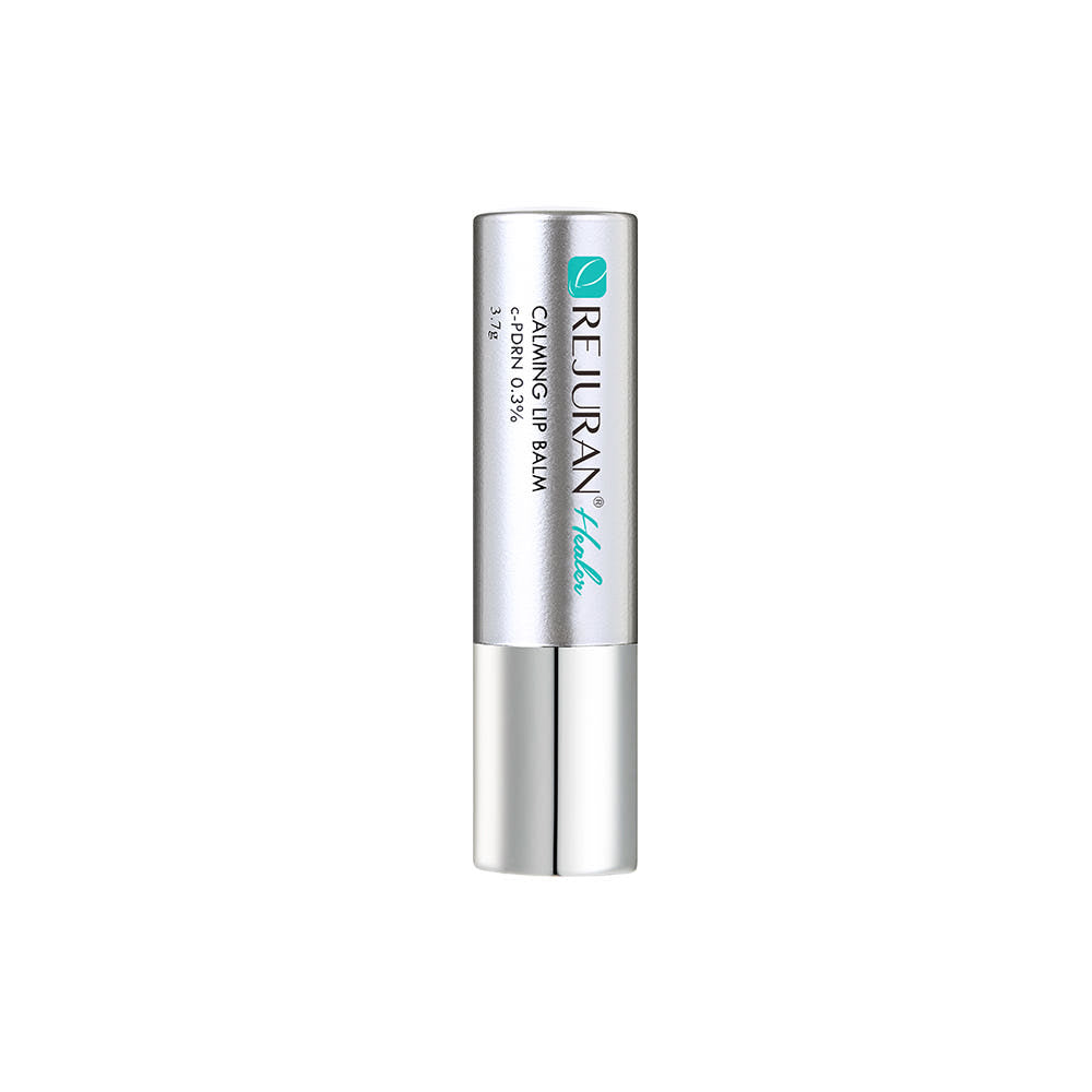 REJURAN Calming Lip Balm tube with minimal packaging on white background, hydrates and soothes dry, sensitive lips