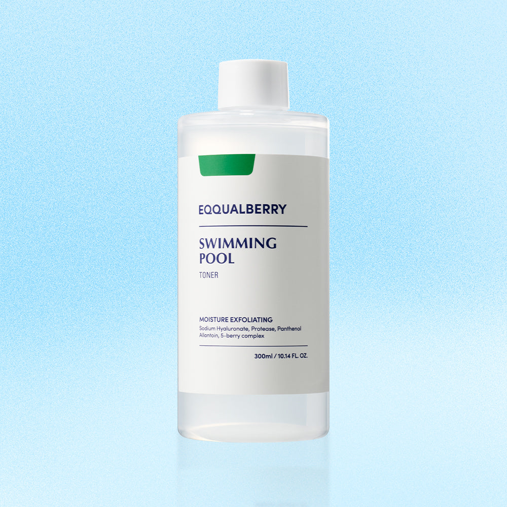 Bottle of Equalberry Swimming Pool Toner on a light blue background