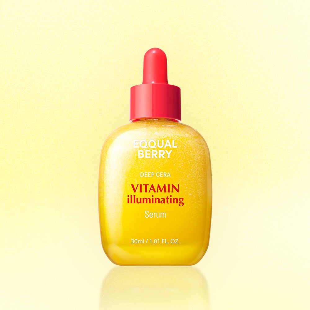 frosted glass serum bottle with peach label and pump, creamy vitamin C texture beside acerola fruit slices