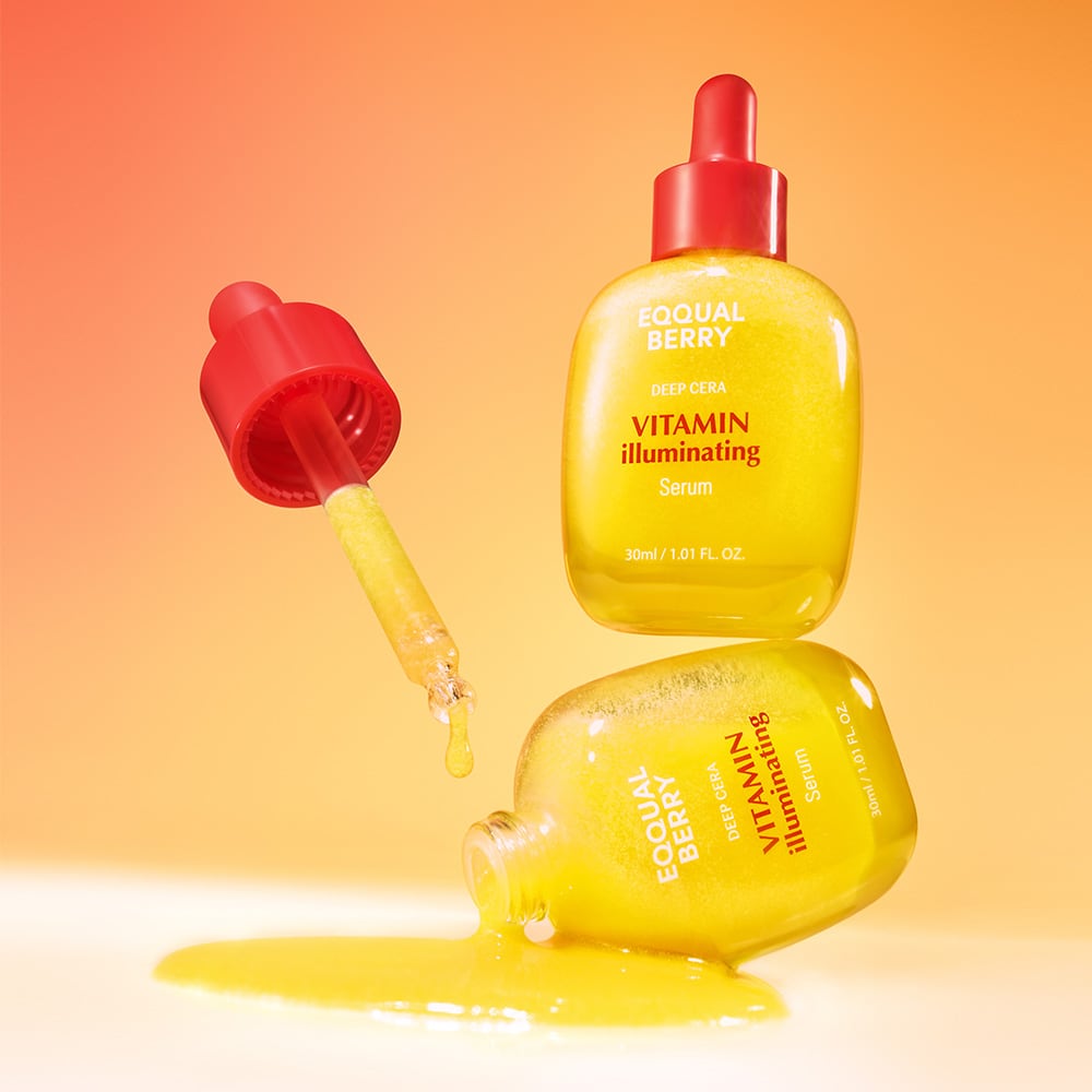 frosted glass serum bottle with peach label and pump, creamy vitamin C texture beside acerola fruit slices