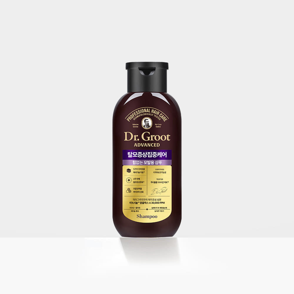 Dr.Groot Advanced Hair Loss Shampoo 180ml bottle with sleek brown and gold design, Korean care for thinning, weak hair