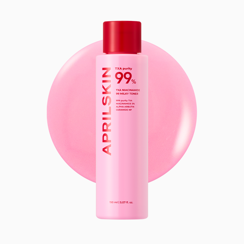 Pink skincare bottle with red cap on a white background