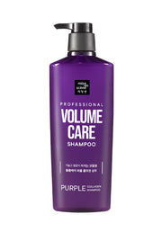 Medium purple bottle of Mise en Scène Volume Care Collagen Shampoo with vibrant design