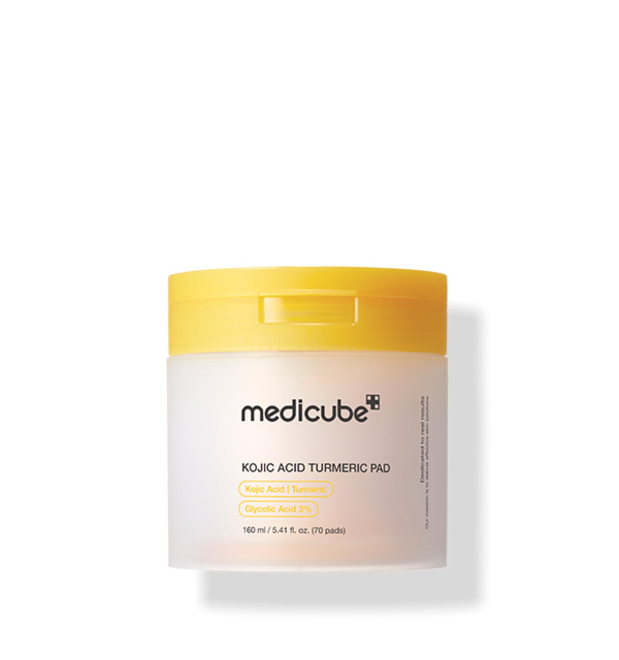 Close-up of medicube Kojic Acid Turmeric toner pads in round container, soft textured pads, Korean brightening skincare