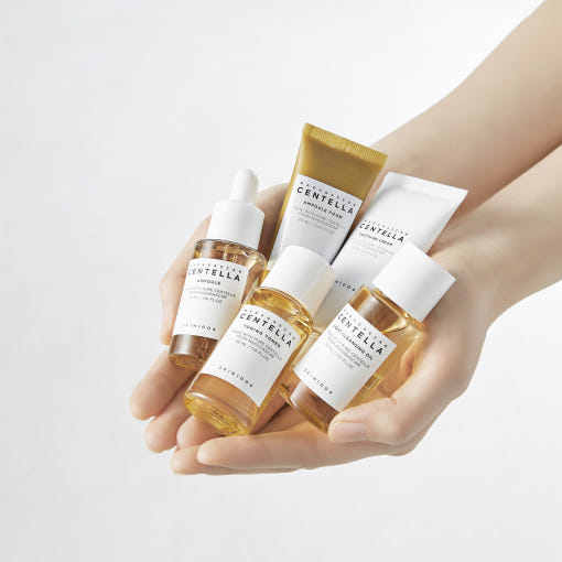 Centella kit with foam cleanser, toner, and ampoule displayed open